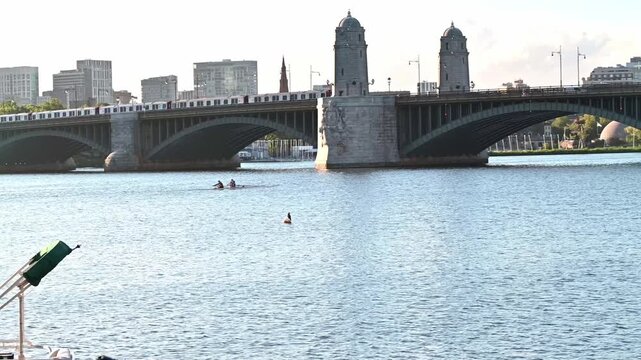 View of Boston in Massachusetts, USA showcasing the iconic Longfellow Bridge on a sunny morning by the Charles river. 
