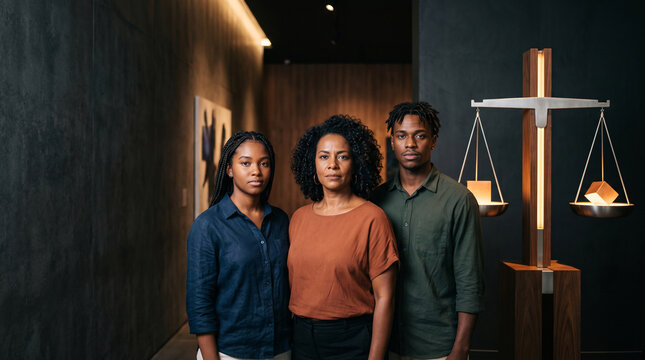 Contemporary symbolic composition representing the fight against racism, diverse Black people standing beside abstract balanced scales symbolizing justice and equality, Black Consciousness Day