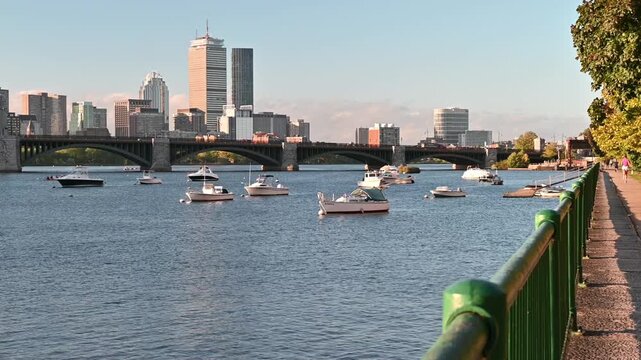 View of Boston in Massachusetts, USA showcasing the iconic Longfellow Bridge on a sunny morning by the Charles river. 