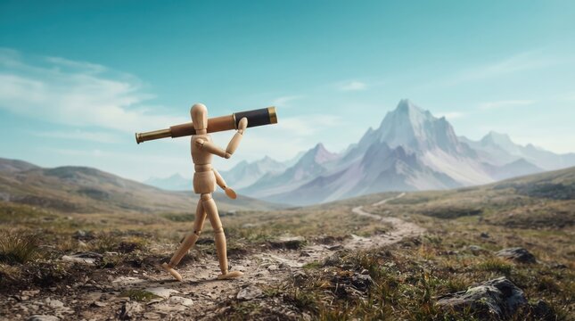 Cartoon stick figure walking with a cross on a mountain landscape