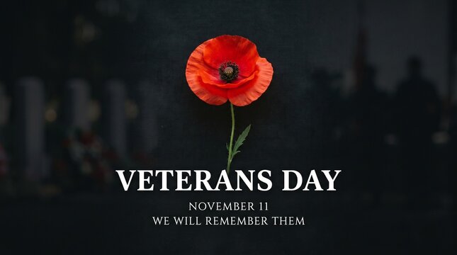 Veterans Day red poppy flower on dark background with memorial text