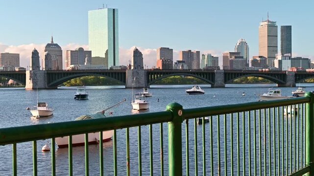 View of Boston in Massachusetts, USA showcasing the iconic Longfellow Bridge on a sunny morning by the Charles river. 