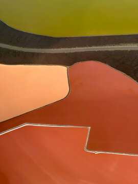 Aerial view of adjoining ponds in shades of red-orange, peach, and olive green, with thin pale edges along the shorelines.  San Francisco Bay Area, California, USA.