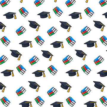 Seamless pattern with graduation caps and colorful books vector background