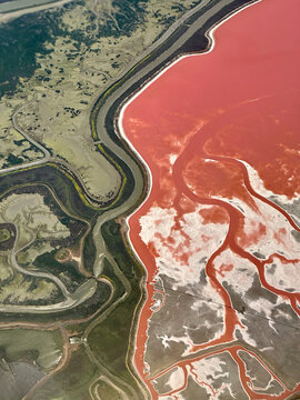 Aerial view of a red-pink salt pond with white salt crust and branching channels on the right.  San Francisco Bay Area, California, USA.