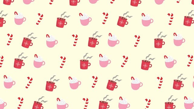 Winter seamless pattern background with hot cocoa cups and candy canes falling motion loop
