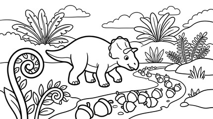 Fototapeta premium Cartoon dinosaur following a trail of seeds in a prehistoric jungle illustration with clean line art