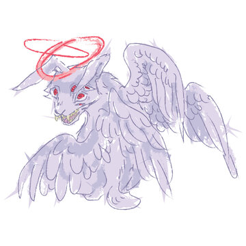 Mythical winged creature illustration. Fantasy chimera beast with multiple eyes, wings and halo. Gothic or dark fantasy fairytale monster vector character.
