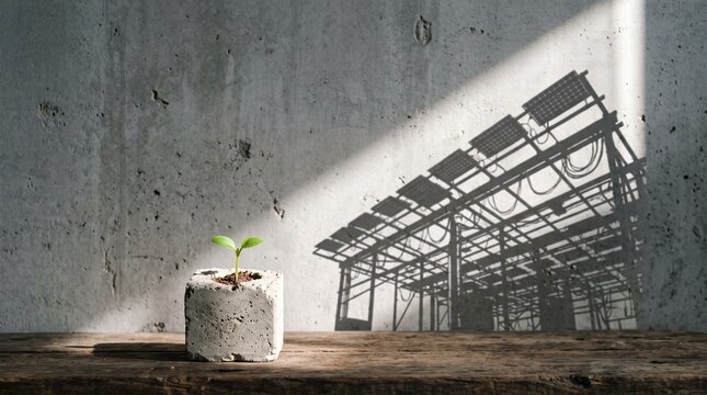 Green Alternative Energy Architecture - Tiny Plant Sprout in Concrete Cube with Shadow of Modern Industrial Solar Panel Warehouse Grid Roof