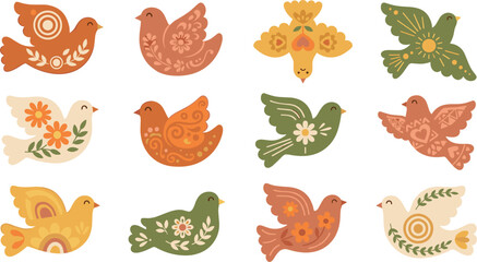 Obraz premium Warm Autumn Palette Folk Art Bird Icon Set with Decorative Flowers and Sun Elements for Thanksgiving Greeting Cards and Retro Fabric Patterns