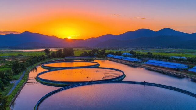 A serene sunset reflecting vibrant colors over circular ponds surrounded by mountains and greenery