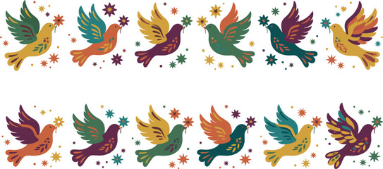 Obraz premium Vibrant Colorful Folk Art Bird Border Ribbons Vector Set with Flying Doves holding Spring Flowers in Traditional Mexican Otomi Graphic Style