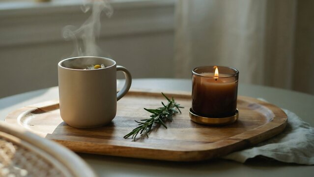 Wooden tray with steaming ceramic mug, lit candle, and fresh rosemary sprig, warm soft morning light