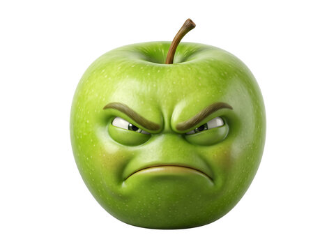 A green apple with a frowning face is presented as a three dimensional rendering on a white background greenfruit expression emotion fruit grumpy annoyed irritated