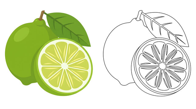 lime fruit vector graphic illustration showing fresh sliced citrus with green leaf side by side with black and white outline drawing for coloring book page design concept on white background