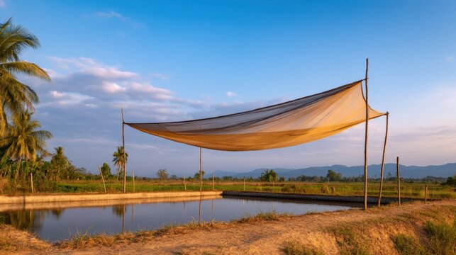 A tranquil landscape featuring a large shade net over still water, with palm trees and distant mountains