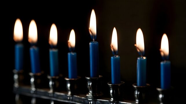 A row of lit blue candles on a menorah against a dark background  glowing warmly with focused light