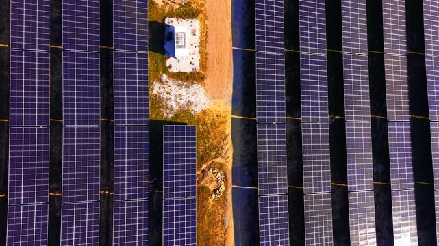 Dense solar panel rows border dirt access path, Bulgaria. Close aerial view shows panel columns, grassy strip and small white structure.