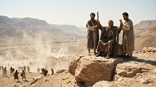 Moses Holding Up His Hands During the Battle Against the Amalekites, Biblical Scene From Exodus
