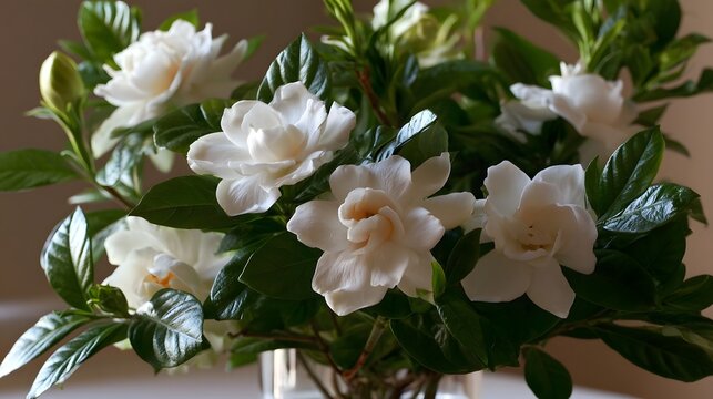 A lush arrangement of white gardenia flowers with glossy green leaves  softly lit in a serene indoor setting