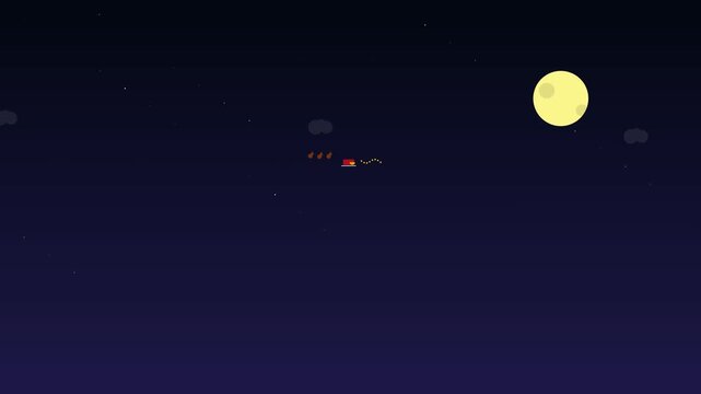 Santa Sleigh and Reindeer Flying Across Starry Night Sky Flat Vector Christmas Animation