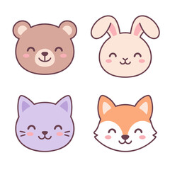 Fototapeta premium Set of cute kawaii animal faces vector illustration with bear rabbit cat and fox isolated on white background 