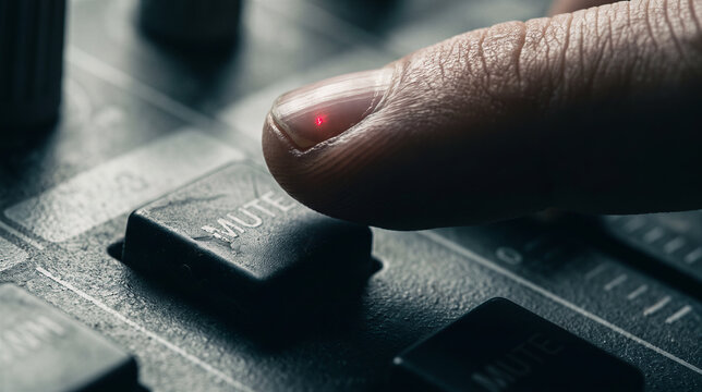 Finger pressing mute button on audio mixer