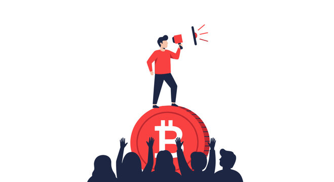 Crypto Influencer Promoting Bitcoin and Cryptocurrency to Audience with Megaphone Illustration