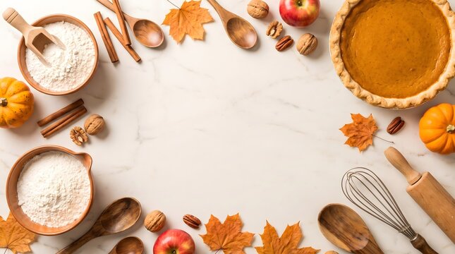 Thanksgiving Baking Background with Pumpkin Pie, Flour, Spices and Autumn Leaves