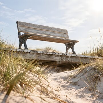 Weathered two-seat bench with cast iron feet standing on a planked boardwalk crossing a sandy swale behind the dunes sp
