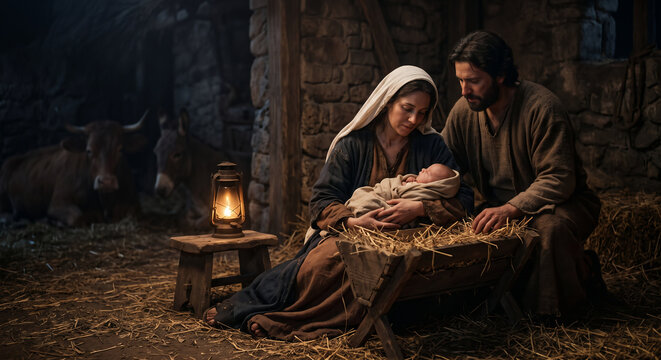The Nativity Scene With Mary and Joseph and the Newborn Jesus in the Manger
