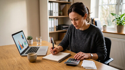Fototapeta premium Small Business Owner Reviewing Monthly Expenses at Desk