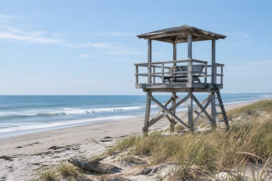 Timber lifeguard tower with railed platform and bench seat under open roof on a quiet beach