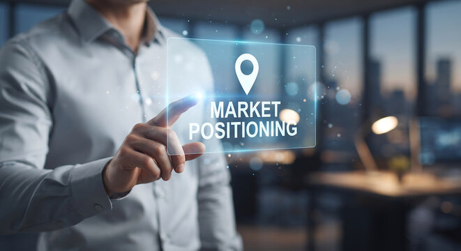 Businessman interacting with virtual market positioning interface in modern office.
Concept of market position & gps icon.