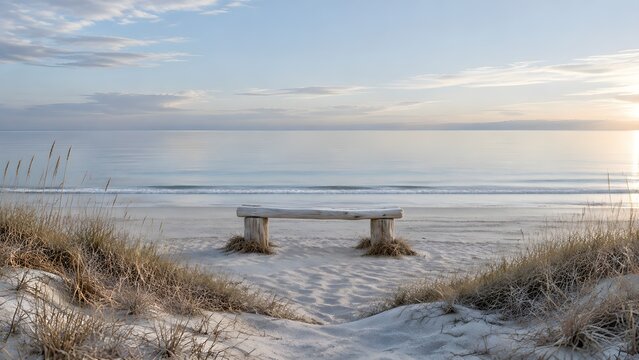 Driftwood bench with a thick plank seat on two upright stump legs facing a calm ocean
