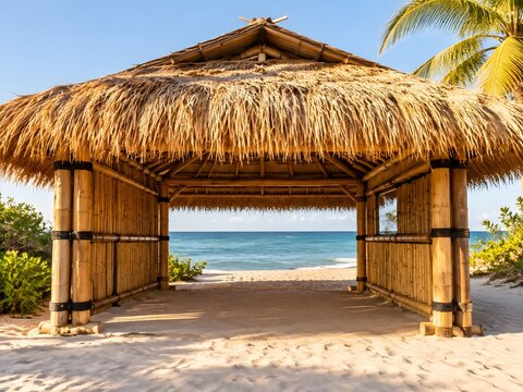Low bamboo beach hut with open sides and broad thatch brow over front