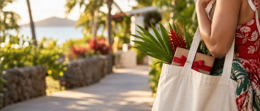Tropical christmas gifts in reusable canvas bag create festive holiday cheer outdoors