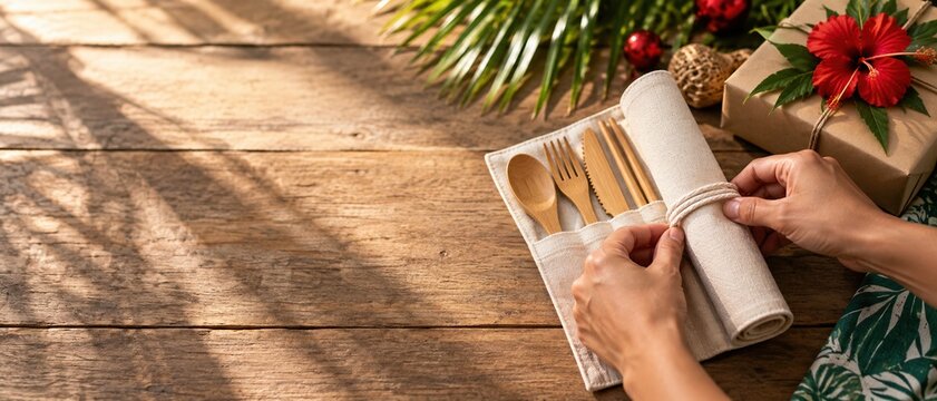 Tropical Christmas reusable gifts arranged with linen cutlery wrap and festive greenery, creating warm sustainable holiday scene on wood