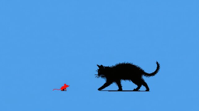 A cat is chasing a mouse in a pixel art scene. The scene is colorful and has clean lines. This artwork captures the classic arcade game vibe.