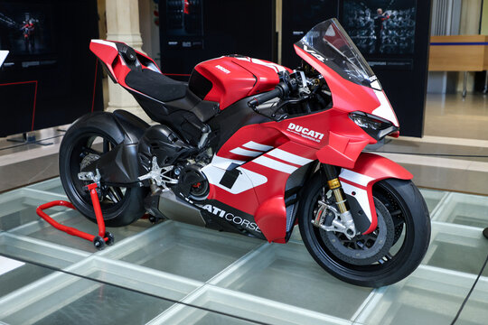 Bologna, Italy, September 24, 2026: The Ducati Superleggera V4 Centenario is on display at the Ex Sala Borsa to celebrate Ducati's centenary. It is a motorcycle representing the pinnacle of technologi