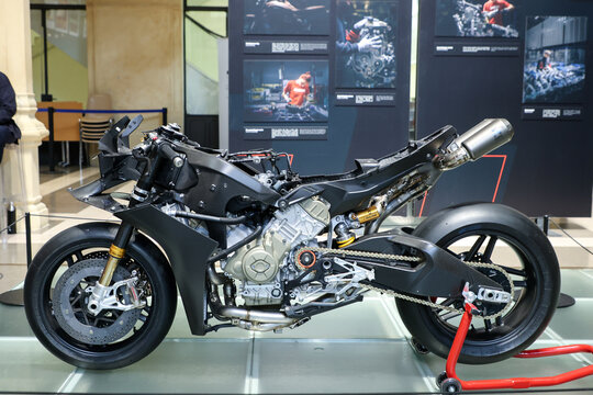 Bologna, Italy, September 24, 2026: The Ducati Superleggera V4 Centenario is on display at the Ex Sala Borsa to celebrate Ducati's centenary. view without fairing