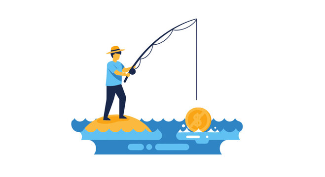 Fisherman catching gold dollar coin in the sea, financial investment and money making concept flat vector illustration isolated on white.