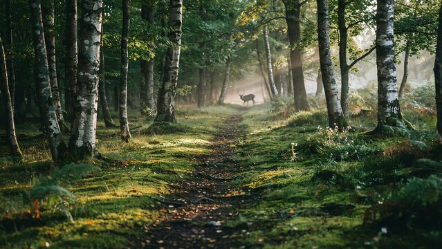 Peaceful forest path lined with tall white birch trees, soft mist and dappled morning light