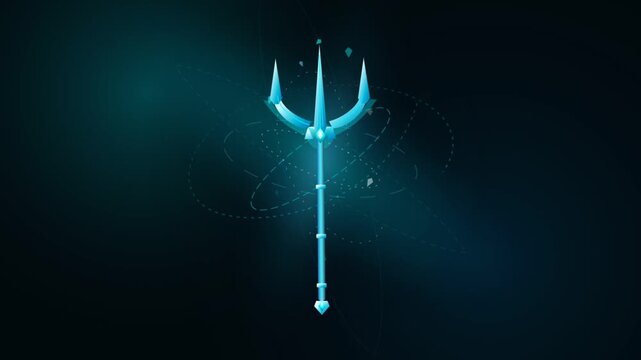 Glowing blue crystal trident floating in dark futuristic digital space