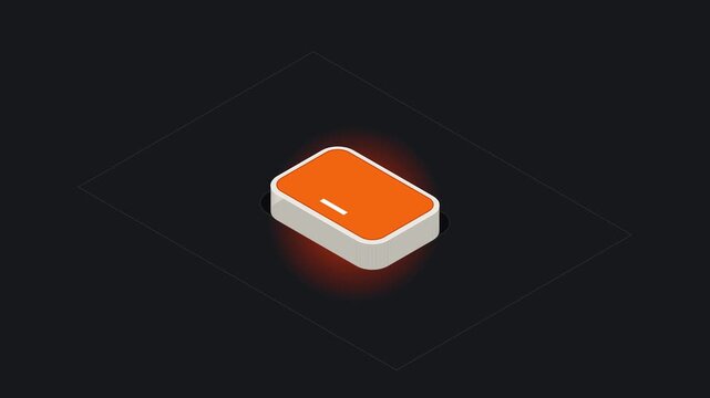 Isometric 3d orange button interacting with light effects on dark