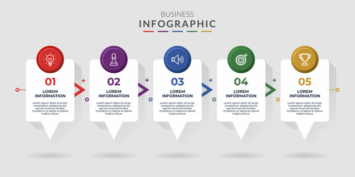 Panoramic 5-step horizontal business workflow infographic template. Features white speech bubble pin cards with colorful circular badges, monoline vector icons, connecting chevron arrows.