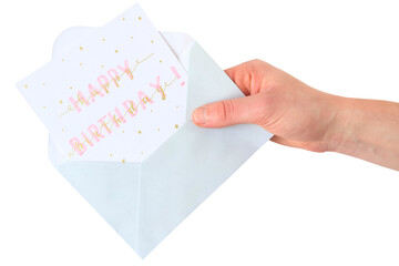 hand holding an open light blue envelope with a happy birthday card isolated on transparent background for festive party announcements, family event invitations, and greeting card designs © HeKy