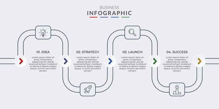 4-step horizontal pipeline s-curve business timeline infographic template. Features a continuous dual-line path, rounded square monoline icon badges, connecting chevron arrow circles, and clean text.