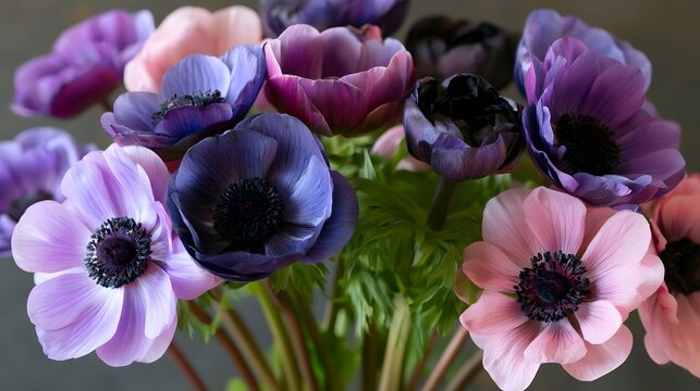 A vibrant bouquet of anemones in shades of purple  pink  and deep blue with dark centers and lush green stems