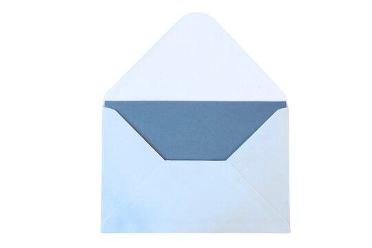 open light blue envelope with a blue gray blank card inside isolated on transparent background for elegant corporate invitations, minimalist wedding stationery, and formal greeting layouts
